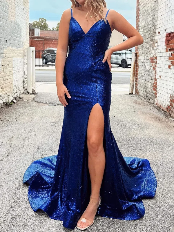 Mermaid V-neck Sparkly Sequin Prom Dresses With Ruched #UKM020124718