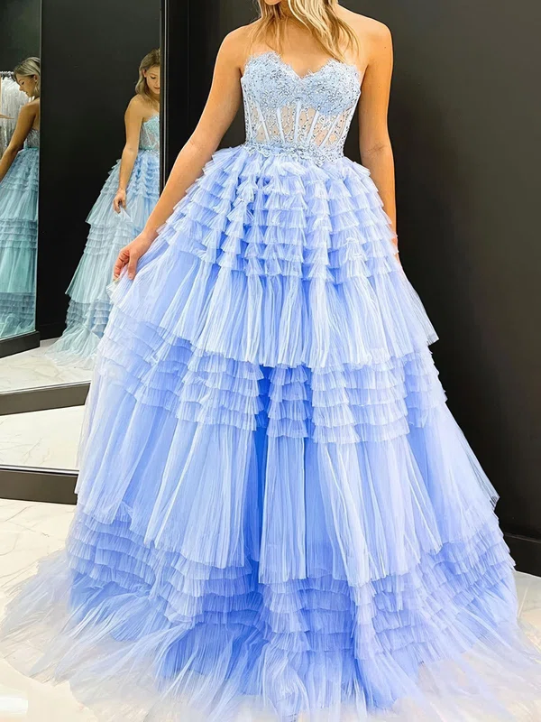 Ball Gown Strapless Tulle Ruffle Tiered Prom Dresses With Appliques #UKM020124731