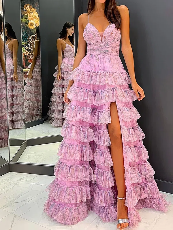 Ball Gown V-neck Tulle Floral Ruffle Tiered Prom Dresses #UKM020124736