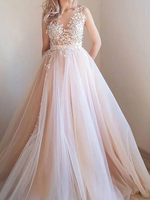 Ball Gown Illusion Tulle Prom Dresses With Appliques #UKM020124766