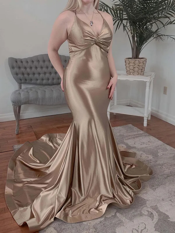 Mermaid V-neck Satin Prom Dresses With Ruched #UKM020124770