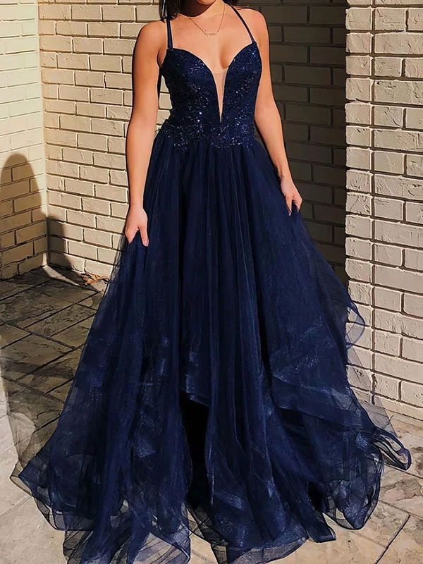 Princess V-neck Tulle Ruffle Prom Dresses With Appliques #UKM020124771