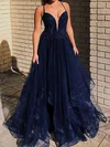 Princess V-neck Tulle Ruffle Prom Dresses With Appliques #UKM020124771
