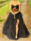 Black Ball Gown Strapless Tulle Ruffle Tiered Prom Dresses #UKM020124800