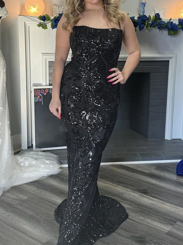 Black Sheath/Column Square Neck Sparkly Sequin Prom Dresses #UKM020124810