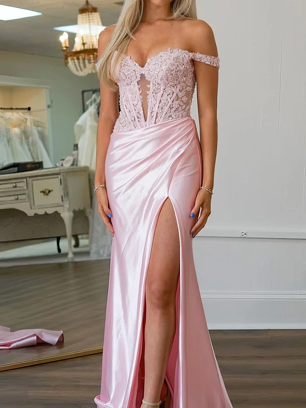 Sheath/Column Off-the-shoulder Satin Corset Prom Dresses With Appliques #UKM020124816