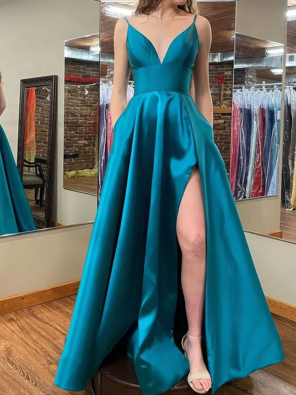 Ball Gown V-neck Satin Prom Dresses With Ruched #UKM020124820