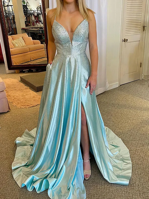 A-line V-neck Satin Beaded Prom Dresses With Ruched #UKM020124821