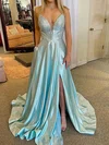 A-line V-neck Satin Beaded Prom Dresses With Ruched #UKM020124821