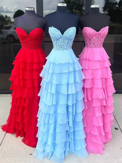 Ball Gown Strapless Chiffon Ruffle Tiered Prom Dresses With Appliques #UKM020125244