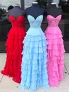 Ball Gown Strapless Chiffon Ruffle Tiered Prom Dresses With Appliques #UKM020125244