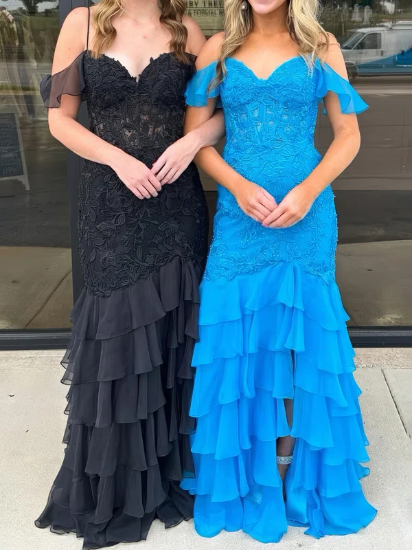 Mermaid V-neck Chiffon Tiered Prom Dresses With Appliques #UKM020125247
