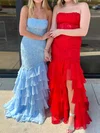 Mermaid Strapless Chiffon Tiered Prom Dresses With Appliques #UKM020125254