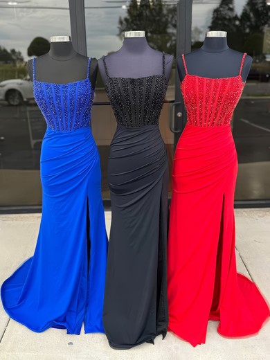 Sheath/Column Square Neck Jersey Corset Prom Dresses With Beading #UKM020125256