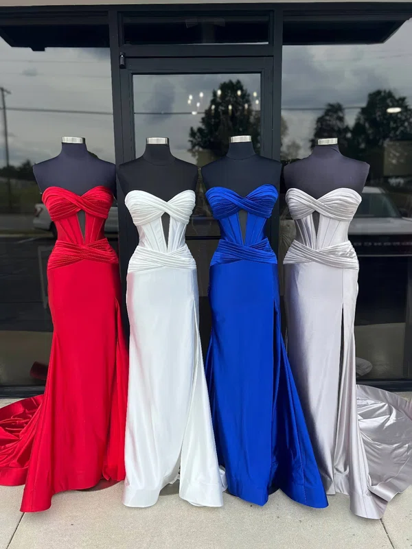 Sheath/Column Strapless Satin Cut Out Prom Dresses With Ruched #UKM020125261