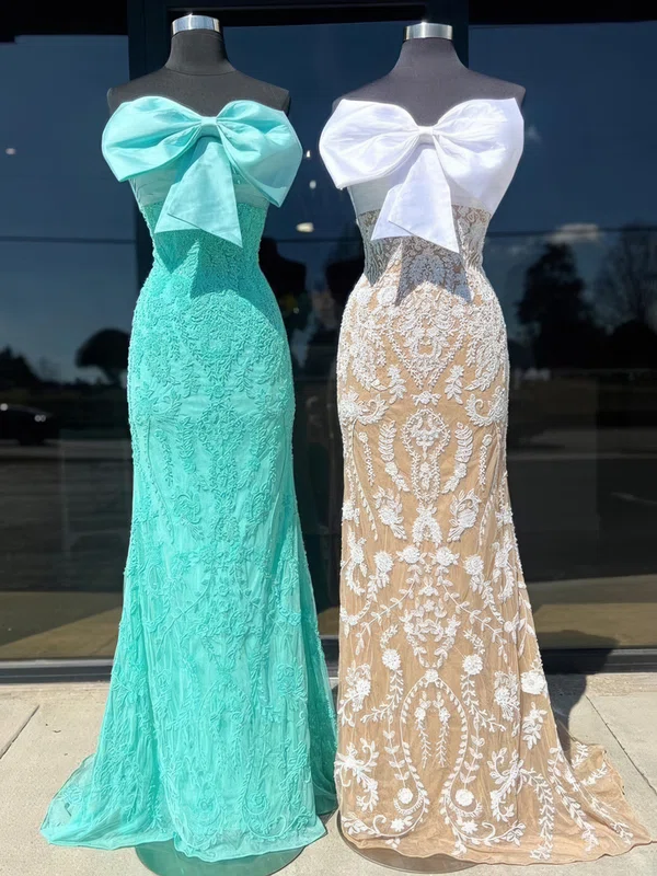 Sheath/Column Strapless Lace Prom Dresses With Bow #UKM020125266