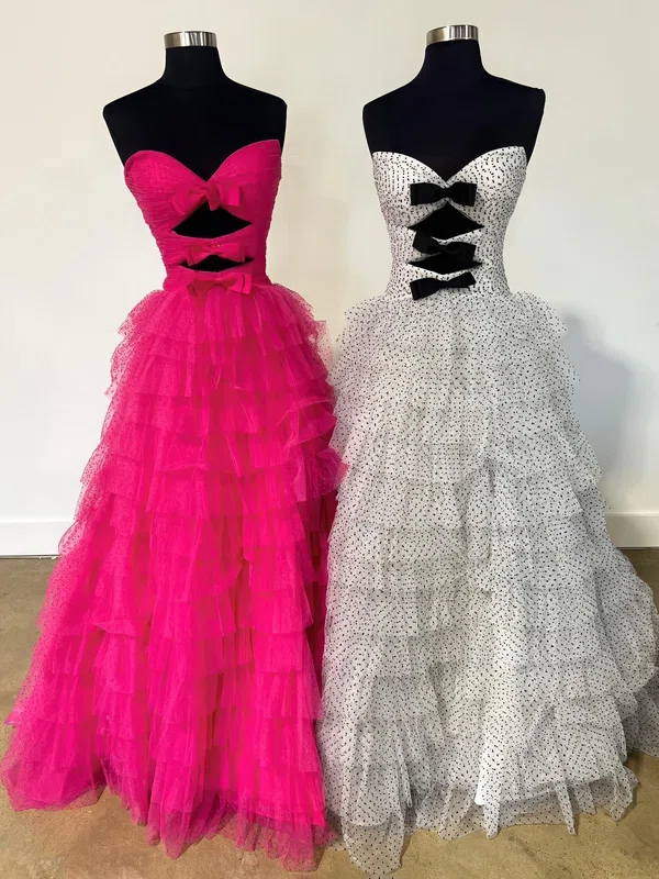 Ball Gown Strapless Tulle Ruffle Tiered Prom Dresses With Bow #UKM020125272