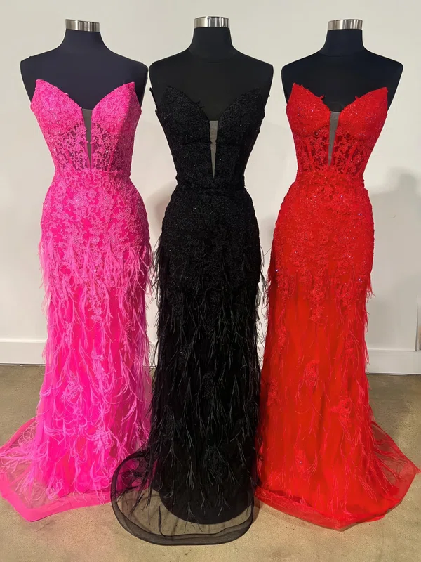 Sheath/Column V-neck Tulle Prom Dresses With Feather #UKM020125274