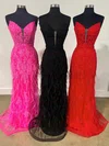 Sheath/Column V-neck Tulle Prom Dresses With Feather #UKM020125274