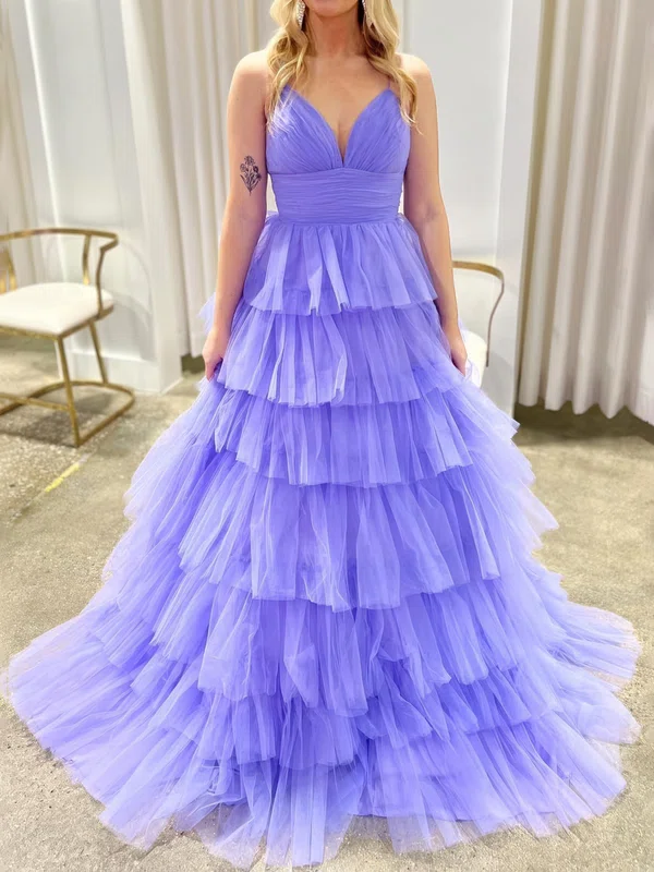 Ball Gown V-neck Tulle Tiered Prom Dresses With Ruched #UKM020125277