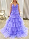 Ball Gown V-neck Tulle Tiered Prom Dresses With Ruched #UKM020125277
