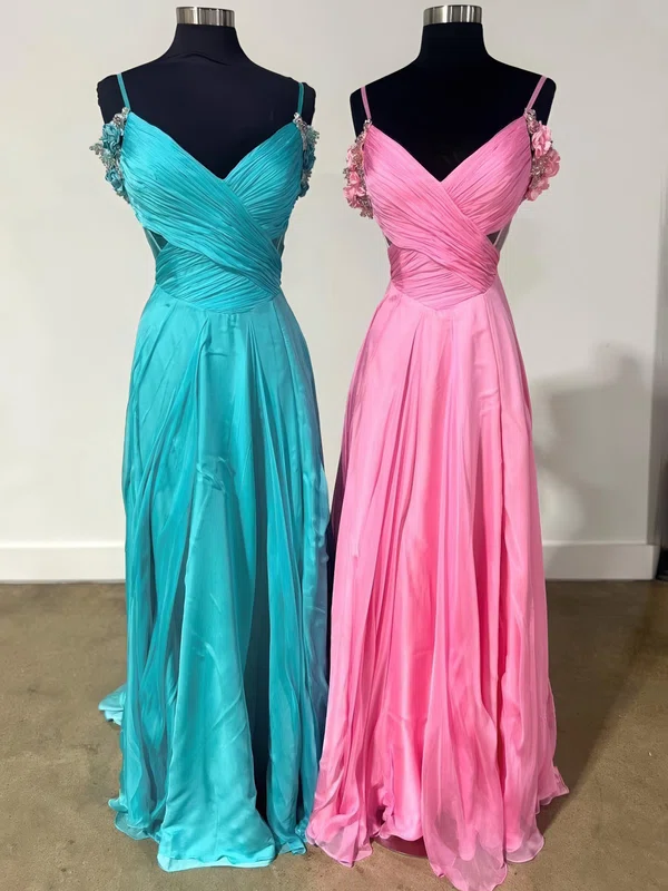 A-line V-neck Floor-length Chiffon Prom Dresses With Ruched #UKM020125284