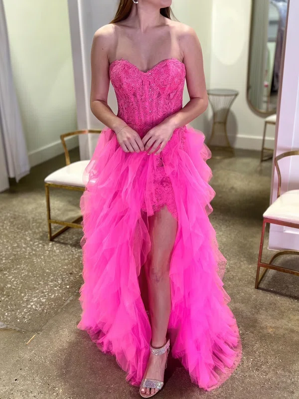 Princess Strapless Tulle Ruffle Prom Dresses With Appliques #UKM020125286