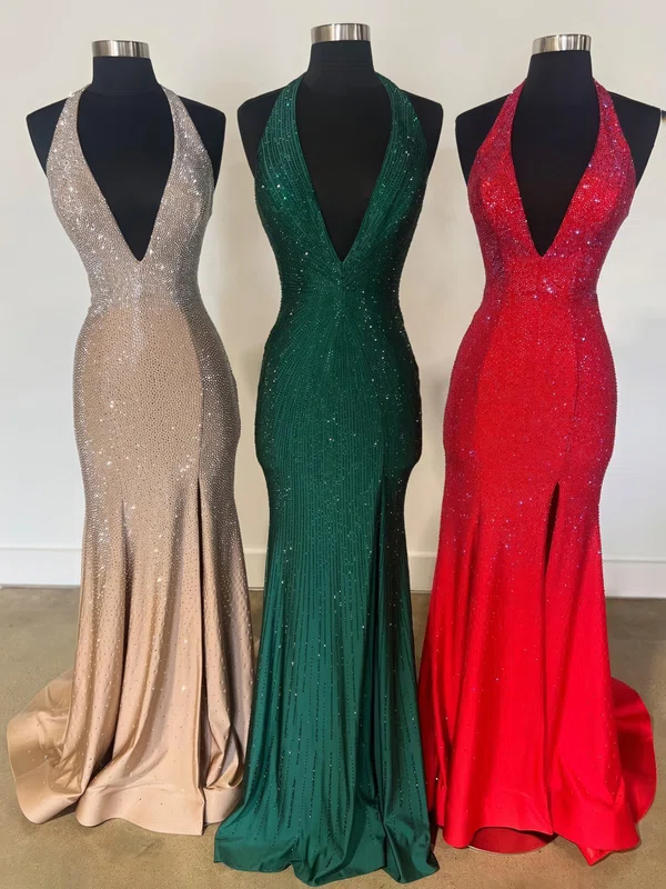 Sheath/Column Halter Jersey Beaded Prom Dresses #UKM020125290