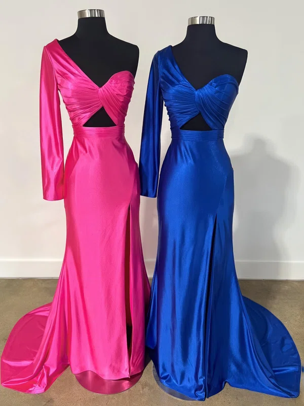 Sheath/Column One Shoulder Satin Cut Out Prom Dresses With Ruched #UKM020125298