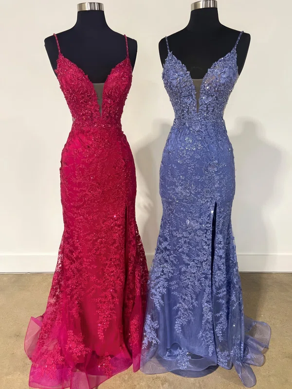 Sheath/Column V-neck Tulle Prom Dresses With Appliques #UKM020125303