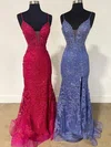 Sheath/Column V-neck Tulle Prom Dresses With Appliques #UKM020125303