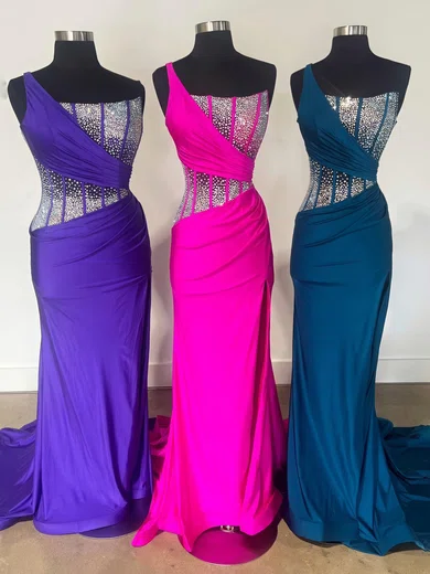 Sheath/Column One Shoulder Jersey Corset Prom Dresses With Beading #UKM020125304