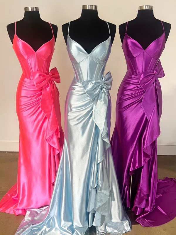 Sheath/Column V-neck Satin Corset Prom Dresses With Bow #UKM020125306