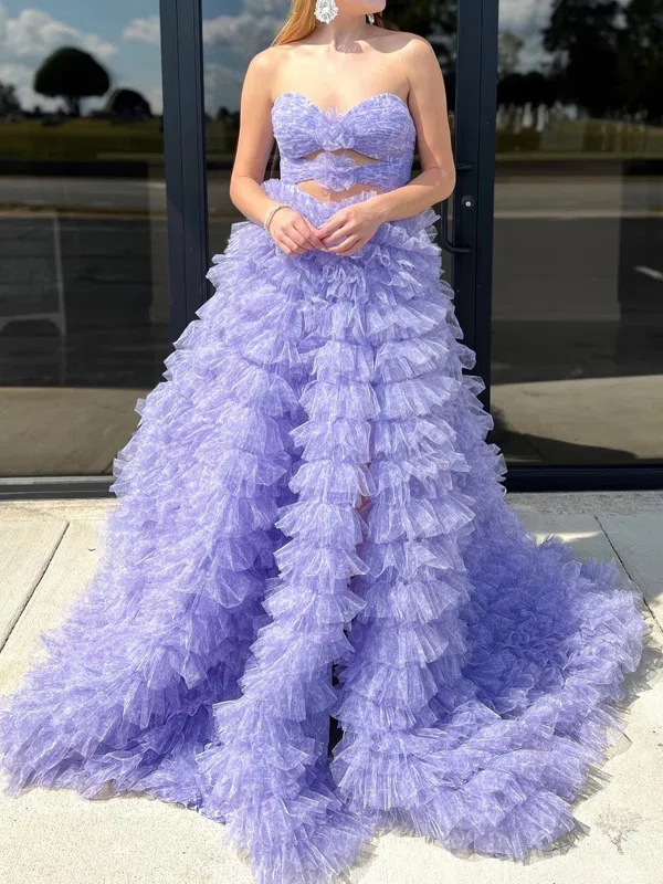 Ball Gown Strapless Tulle Floral Ruffle Tiered Prom Dresses #UKM020125308