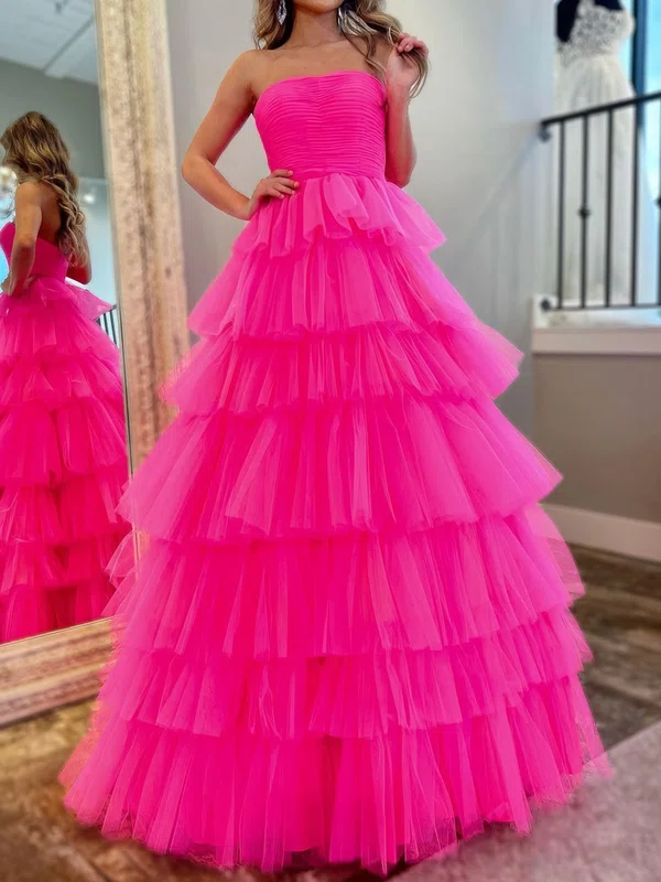 Ball Gown Strapless Tulle Ruffle Tiered Prom Dresses #UKM020125314