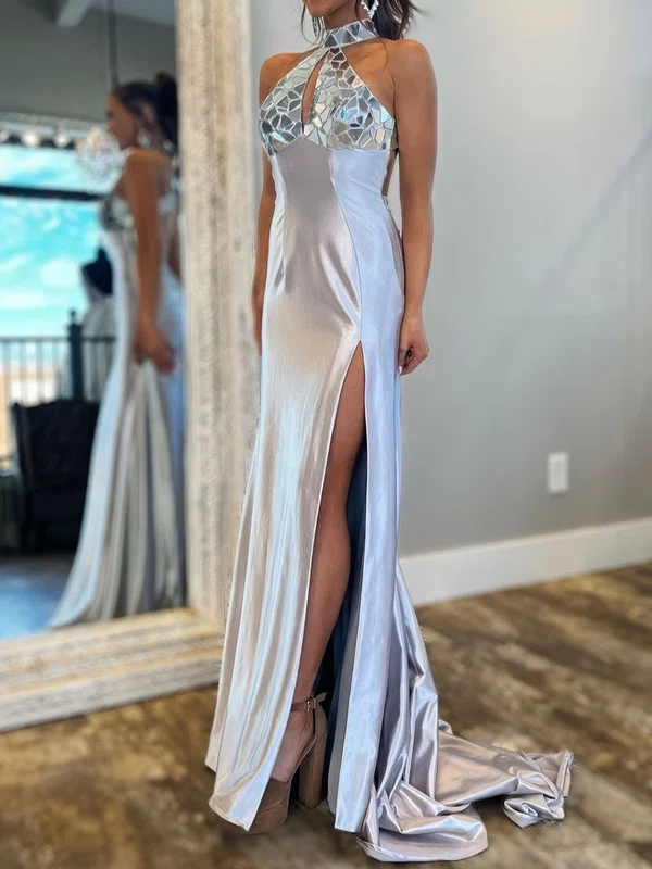 Sheath/Column High Neck Satin Cut Out Prom Dresses With Beading #UKM020125326