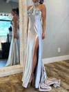 Sheath/Column High Neck Satin Cut Out Prom Dresses With Beading #UKM020125326