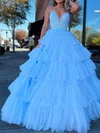 Ball Gown V-neck Tulle Ruffle Tiered Prom Dresses With Appliques #UKM020125327