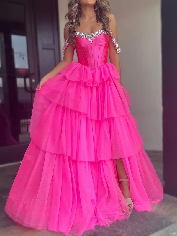 Ball Gown Off-the-shoulder Tulle Tiered Prom Dresses With Beading #UKM020125331