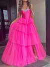Ball Gown Off-the-shoulder Tulle Tiered Prom Dresses With Beading #UKM020125331