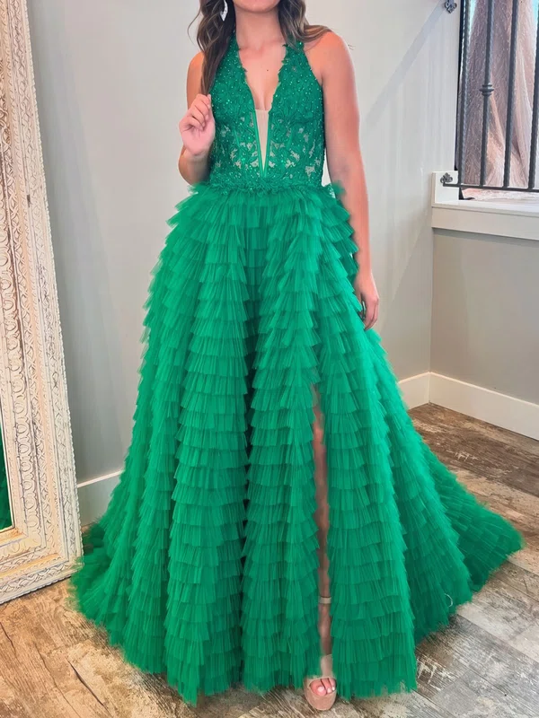 Ball Gown V-neck Tulle Ruffle Tiered Prom Dresses With Appliques #UKM020125335