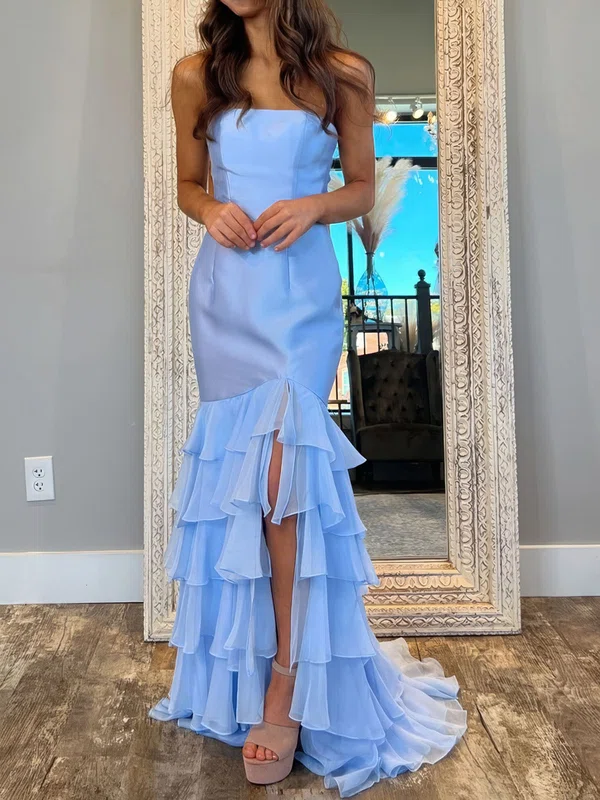 Mermaid Strapless Satin Chiffon Ruffle Tiered Prom Dresses #UKM020125336