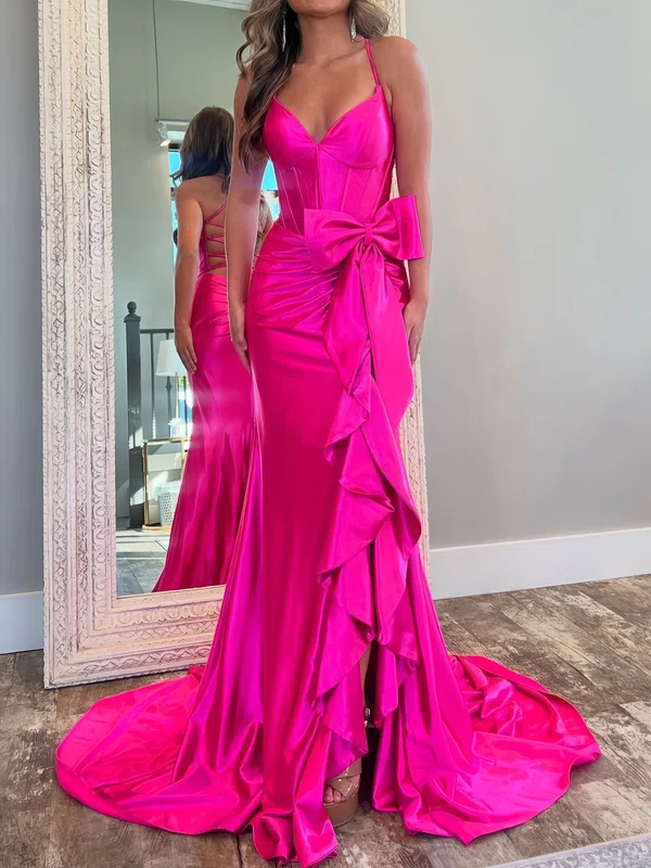 Sheath/Column V-neck Satin Corset Prom Dresses With Bow #UKM020125338