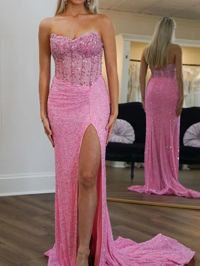 Sheath/Column V-neck Sparkly Sequin Prom Dresses With Beading #UKM020125347