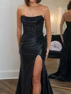 Sheath/Column Strapless Satin Corset Prom Dresses With Appliques #UKM020125350