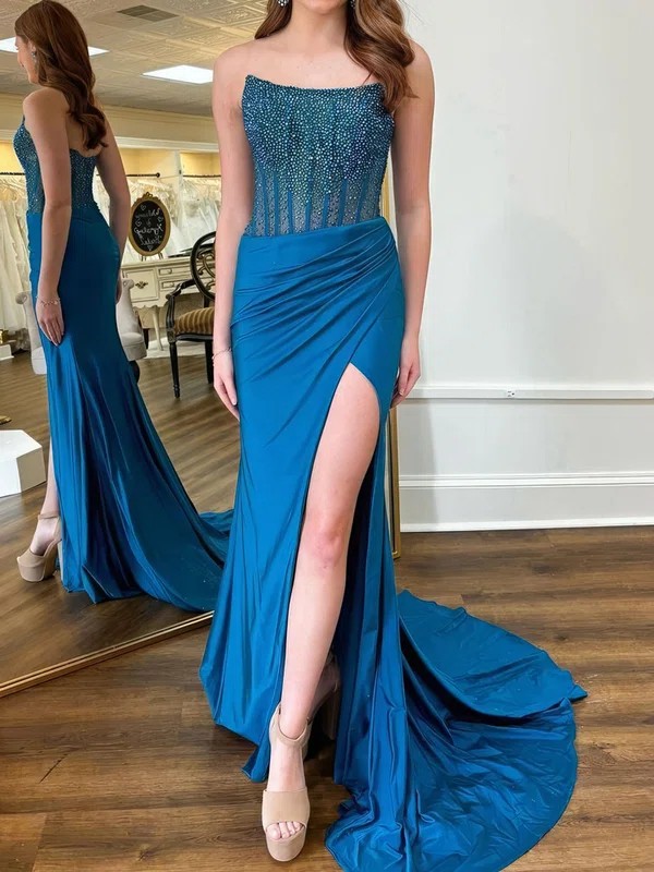 Sheath/Column Strapless Satin Corset Prom Dresses With Beading #UKM020125354
