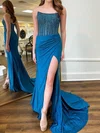 Sheath/Column Strapless Satin Corset Prom Dresses With Beading #UKM020125354