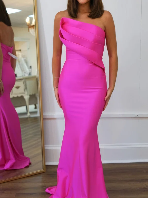 Mermaid Strapless Satin Prom Dresses With Ruched #UKM020125356