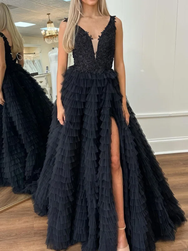Ball Gown V-neck Tulle Ruffle Tiered Prom Dresses With Appliques #UKM020125364