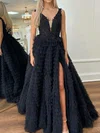 Ball Gown V-neck Tulle Ruffle Tiered Prom Dresses With Appliques #UKM020125364